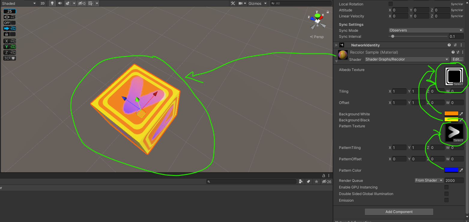 Sample of the shader being applied to re-color the texture map applied to a cube and then draw an arrow with a gradient on top of it. This is shown within the unity editor and the cube has a yellow border with a orange rounded rectangle drawn within it and a blue arrow drawn on top of it. The right side contains a panel which shows how the textures are recolored from grey scale images and drawn on top of the cube's material.