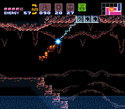 Screenshot of typical game play from Super Metroid.
The protagonist uses a grapple beam to reach inaccessible areas.