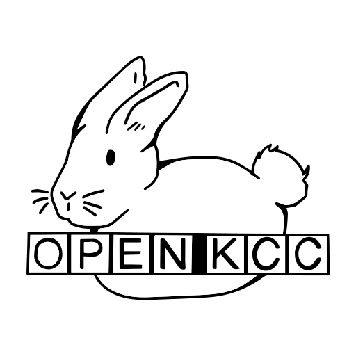 Bunny logo for OpenKCC project - a white bunny with the letters OpenKCC
  written in outlined boxes in front of it.