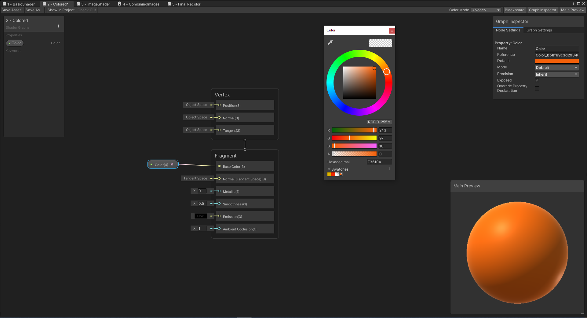 Shader graph view of applying a simple color to the image