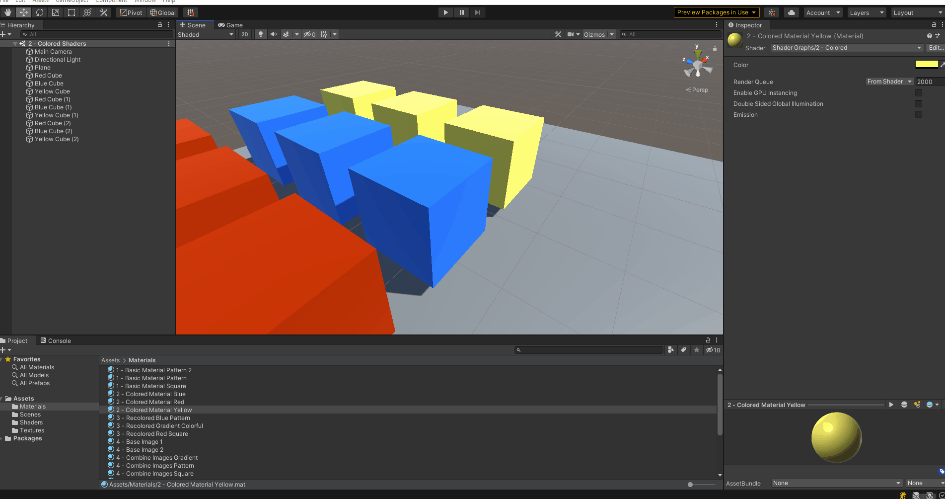 Changing all yellow cubes to green and back by modifying the material