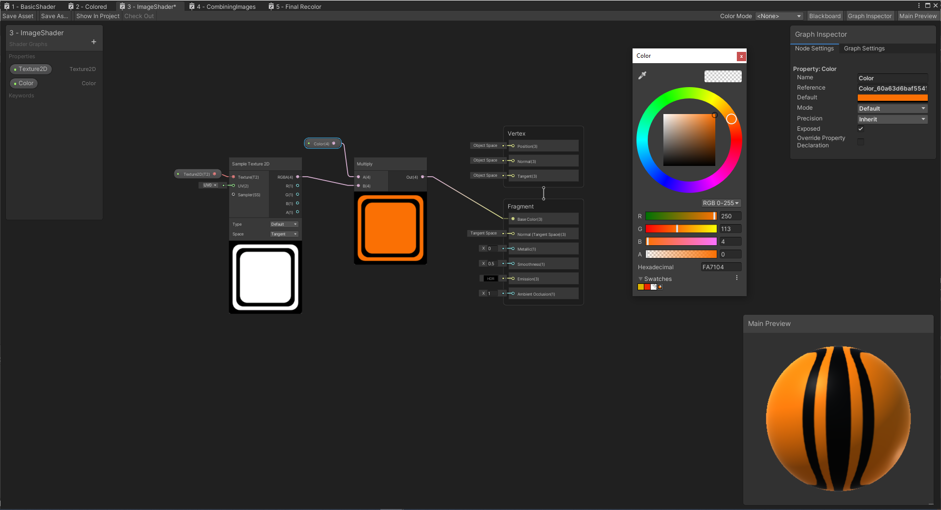 Diagram of the shader graph showing the two parameters of color and
texture and recolors the white pixels in the image
texture to be the selected orange color.