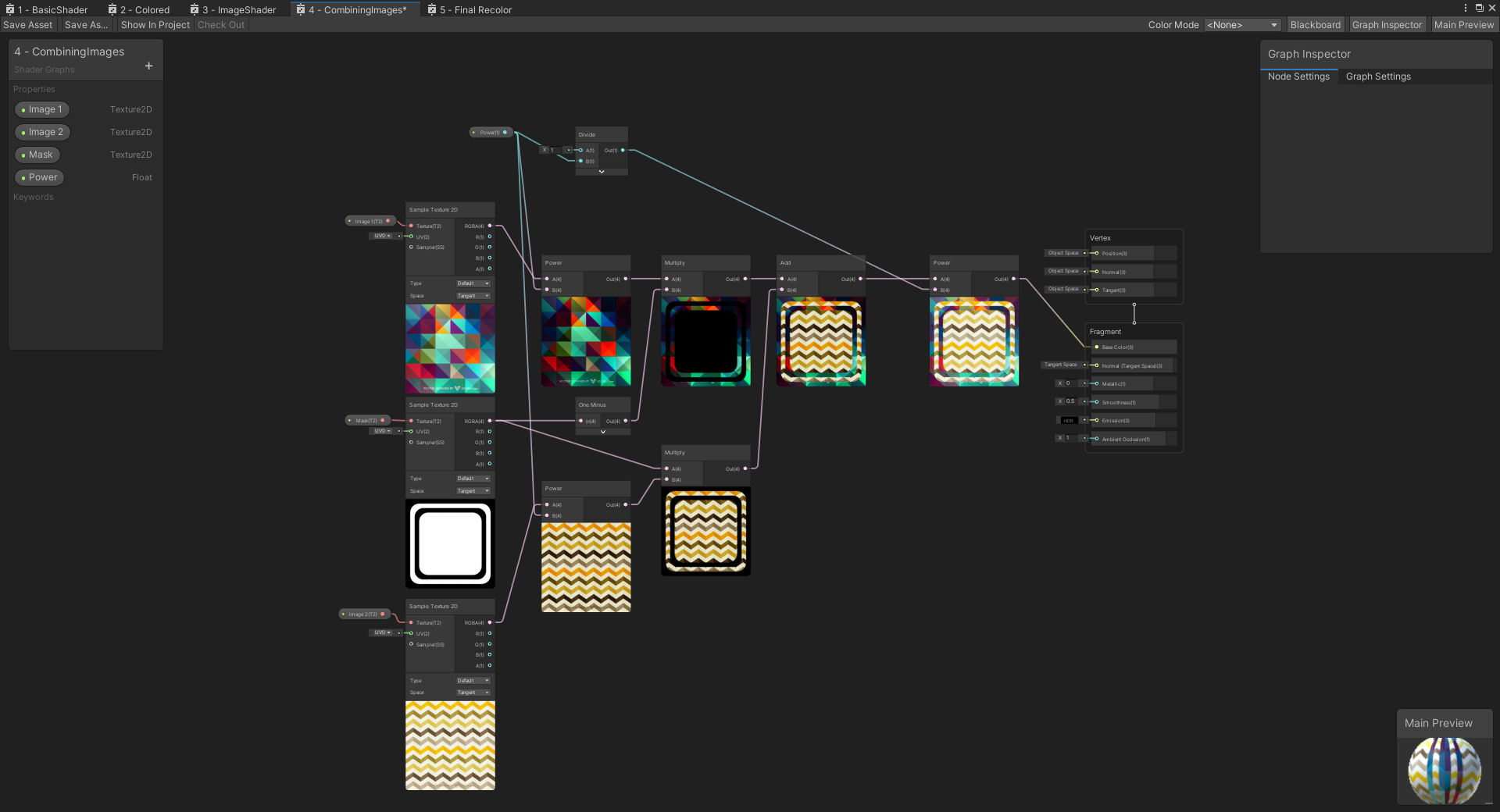 Combine Images shader steps show for two sample patterns and
  a simple mask