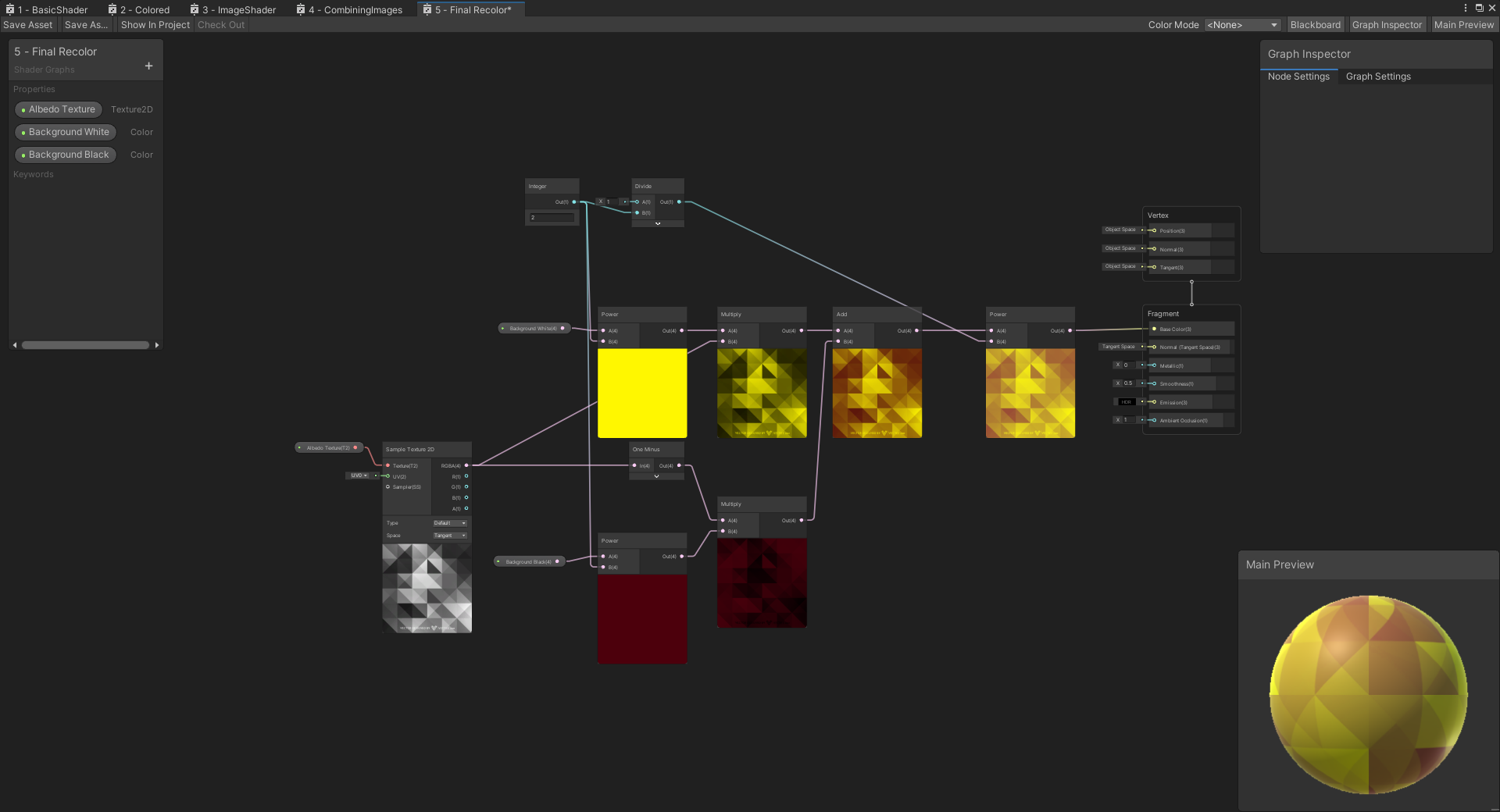 Rendering of the stages within one of the shader graphs for recoloring
    a grey scale texture to be multiple colors