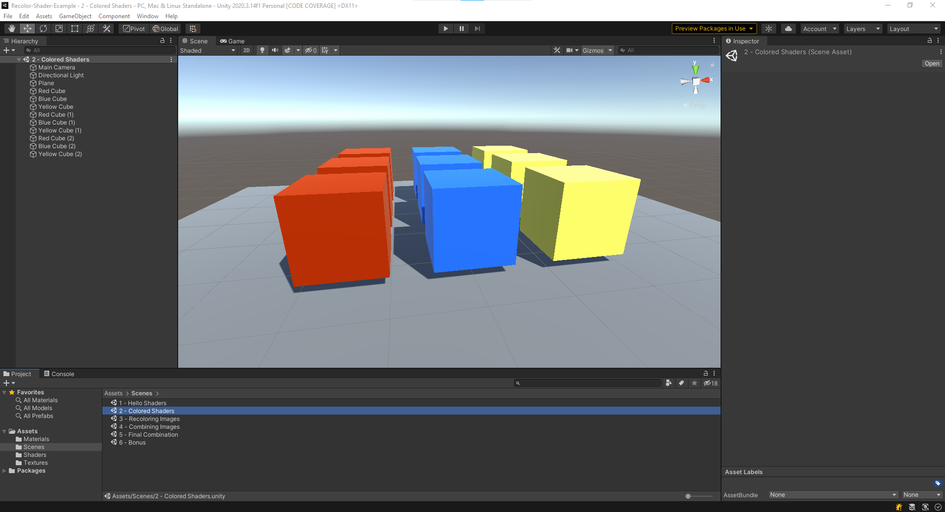 Scene view containing nine boxes arranged in a 3x3 grid. The
 rightmost column of boxes is colored red, the middle column
 is colored blue, and the leftmost column is colored yellow.