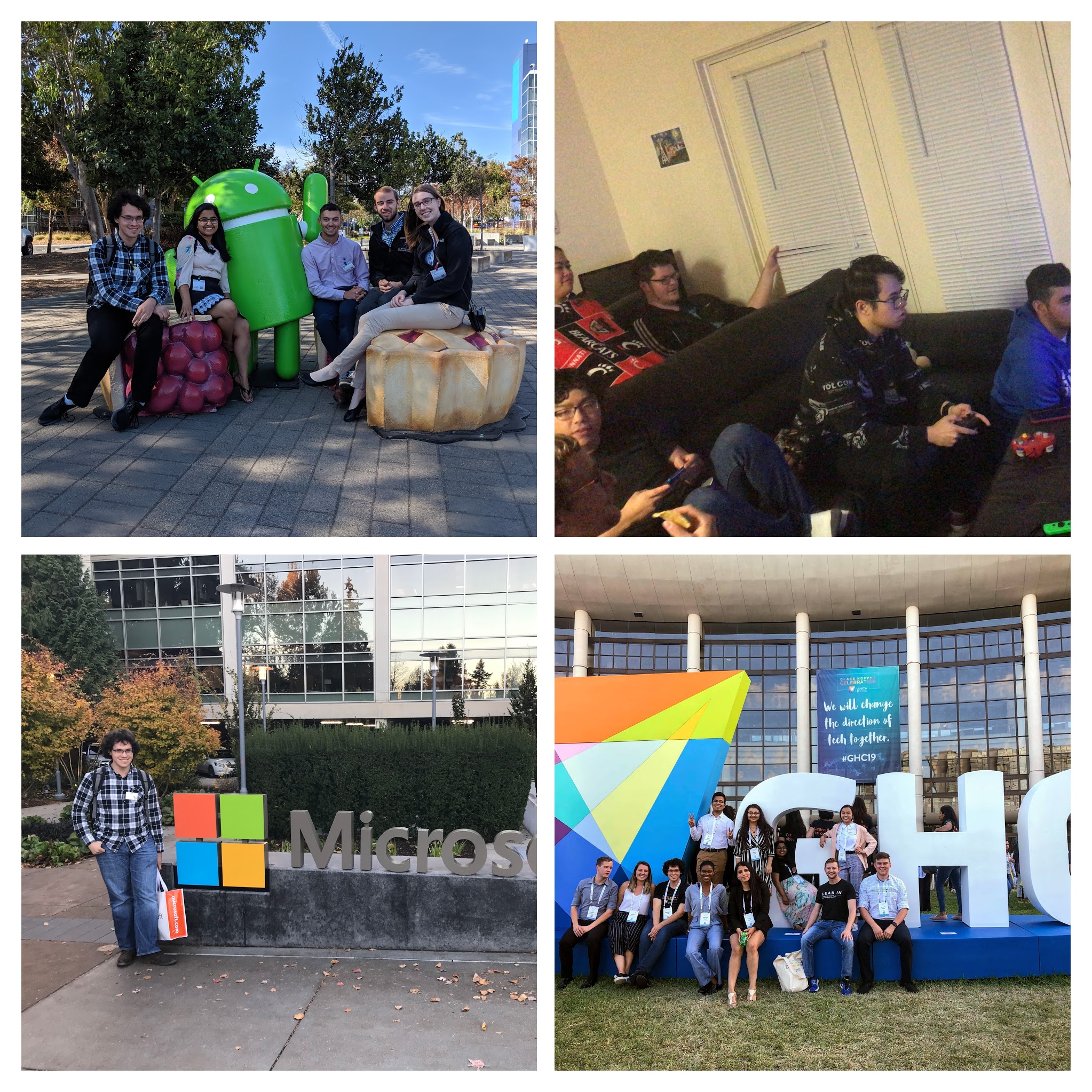 Bay Area trip (top left), friends at apartment (top right), me at microsoft (bottom left), and group from UC at GHC (bottom right).